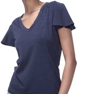 Flutter sleeve NWT Chico’s embellished navy top. Medium